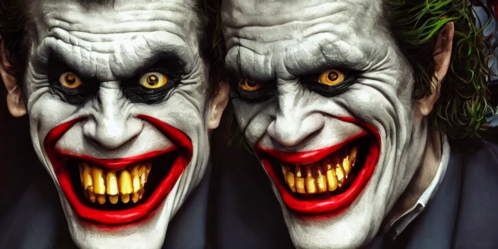 Image similar to Willem Dafoe as the joker laughing at you, Darek Zabrocki, Karlkka, Jayison Devadas, Phuoc Quan, trending on Artstation, 8K, ultra wide angle, pincushion lens effect.