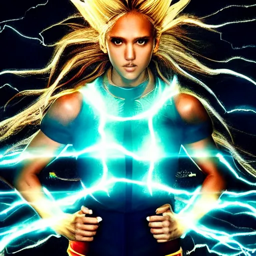 Image similar to photo of jessica alba as super saiyan powering up by annie leibovitz