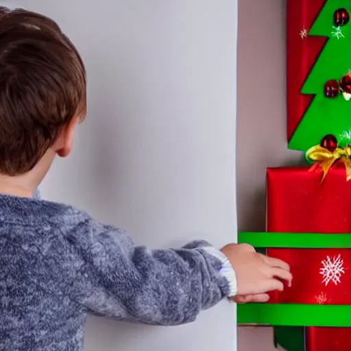 Image similar to a kid at christmas disappointed and sad that his present was a giant moai statue | inside of a house next to a christmas tree