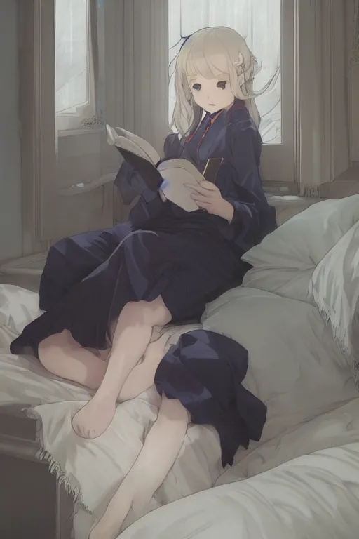 Image similar to a loli in a jk uniform outfit in the bedroom reading a book in a night, raining outside the window, dark and grey theme ， wavy white long hair, by krenz cushart and mucha and akihito yoshida and greg rutkowski and makoto shinkai, detailed eyes, 4 k resolution