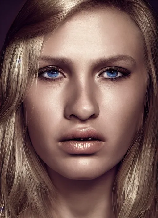 Image similar to FujiGFX 100S, medium format, 8K, highly detailed, photographic extreme close-up face of a beautiful woman with blond hair , Low key lighting, photographed by Erwin Olaf , high quality,high contrast ,complementary colors ,photo-realistic.