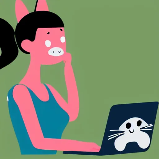 Image similar to cute woman wearing tank top and cat ears plays on computer, digital art