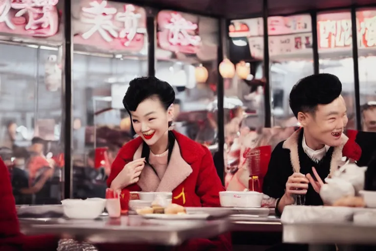 Image similar to movie interior closeup beautiful Chinese fashion model couple teams closeup joking at 50s diner, night in the city, beautiful skin, by Emmanuel Lubezki