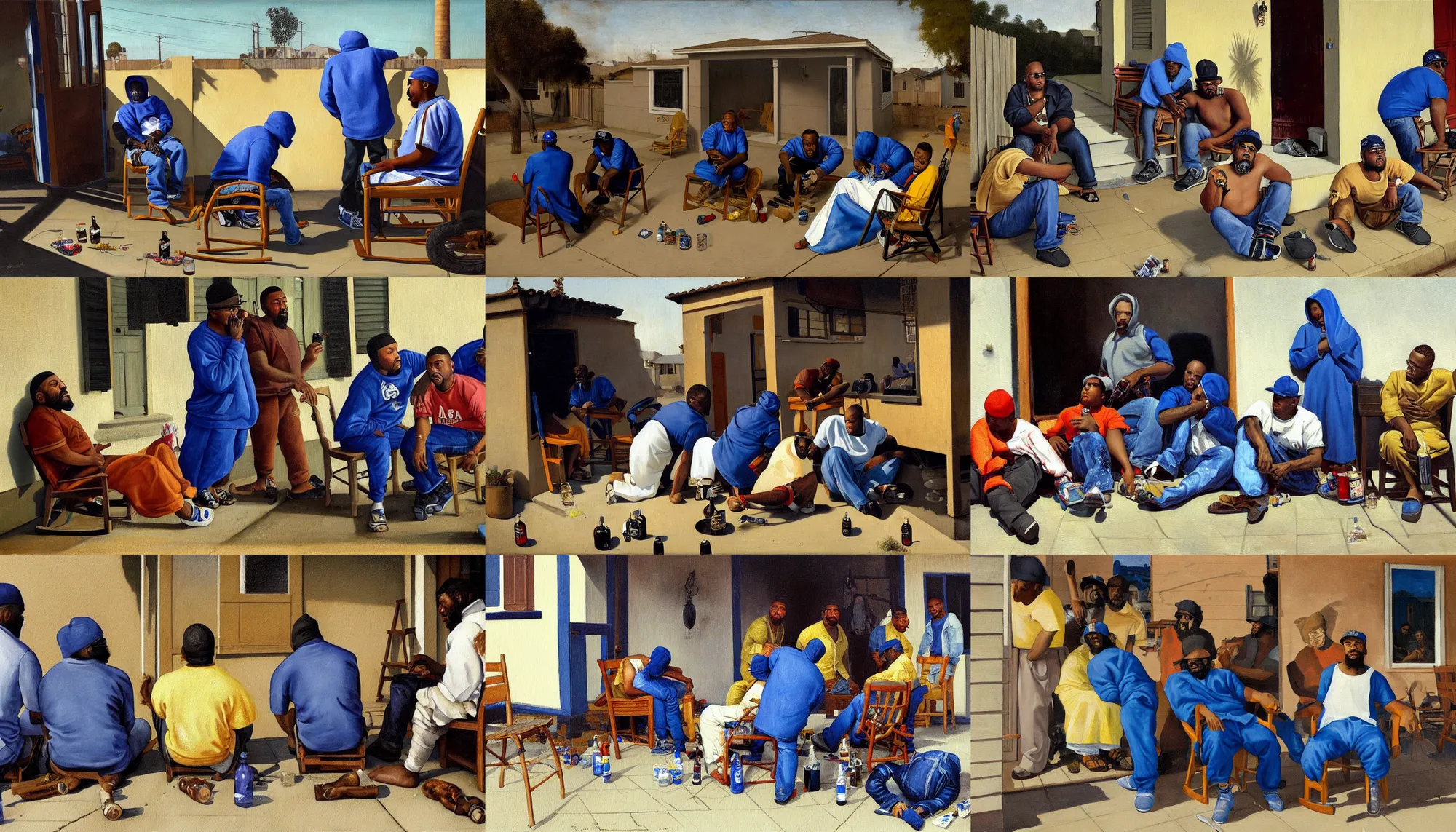 Prompt: a painting of los angeles crip gang members. one of them is pouring malt liquor on the ground in honor of a dead fried before he drinks. they are sitting in chairs on the front porch of a home in compton california. the view is closeup, as if the viewer is sitting with them. westside, midday, in the style of vermeer