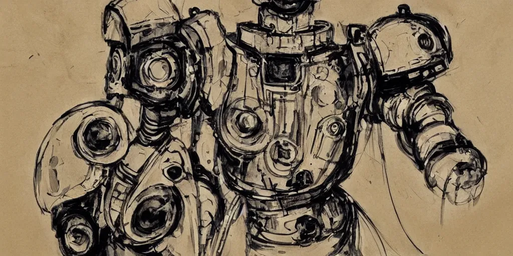 Prompt: a beautiful loose brushwork ink sketch of a mongolian robot in the style of renaissance art, beautifully lit