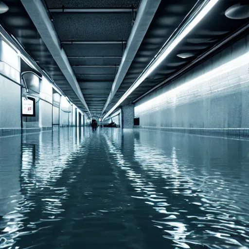 Image similar to photo of a subway station, the floor is flooded with one meter deep water. eerie, volumetric lighting. highly - detailed 4 k