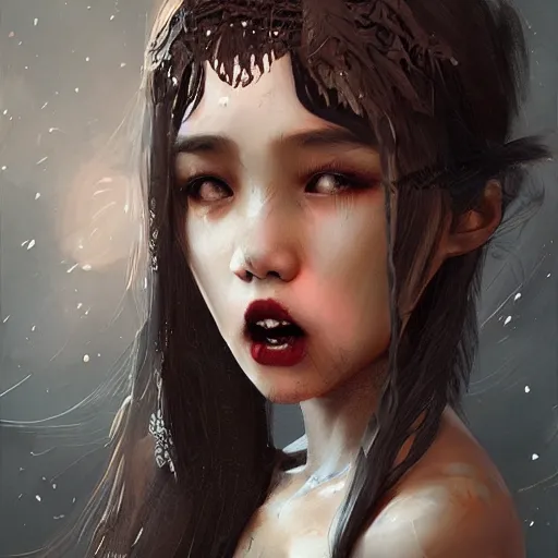 Image similar to a brown skinned asian vampire girl, child, freckles, fangs, messy hair, embers intricate and very beautiful and elegant, highly detailed, digital painting, artstation, concept art, smooth and sharp focus, cg by tian zi and wlop