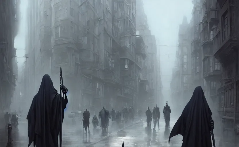 Prompt: the grim reaper on a city street, soft grey and blue natural light, intricate, digital painting, artstation, concept art, smooth, sharp focus, illustration, art by greg rutkowski and luis rollo and uang guangjian and gil elvgren, symmetry!