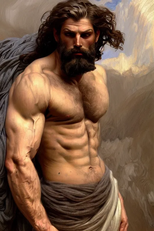 Image similar to painted portrait of rugged zeus, god of thunder, greek god, white hair, masculine, mature, handsome, upper body, flowy robe, muscular, hairy torso, fantasy, intricate, elegant, highly detailed, digital painting, artstation, concept art, smooth, sharp focus, illustration, art by gaston bussiere and alphonse mucha