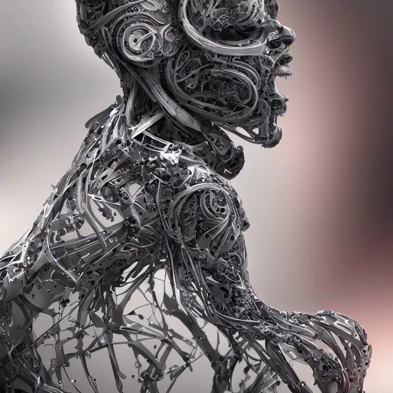 Image similar to an extremely beautiful biomechanical female looking robot with large fractal tattoos, chimeric organism, pale skin, organic polycarbon, full frontal portrait, ex machina, highly detailed, mendelbrot fractal, ray tracing, hyperdetailed, hyperrealistic, oppai cyberpunk, octane render, hdri, 4 k