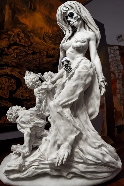 Prompt: Dramatic view of La catrina statue sculpted on white stained marble by Bernini and kris kuksi