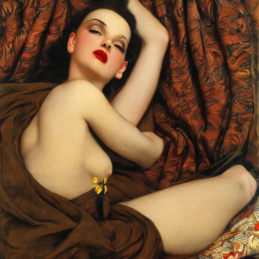 Image similar to reclining on bed, hybrid of judy garland and lady gaga, aged 2 5, brown fringe, huge downslanted eds eyes, large full lips, wide shot, yellow ochre ornate medieval dress, john william waterhouse, kilian eng, rosetti, john everett millais, william holman hunt, william morris, 4 k