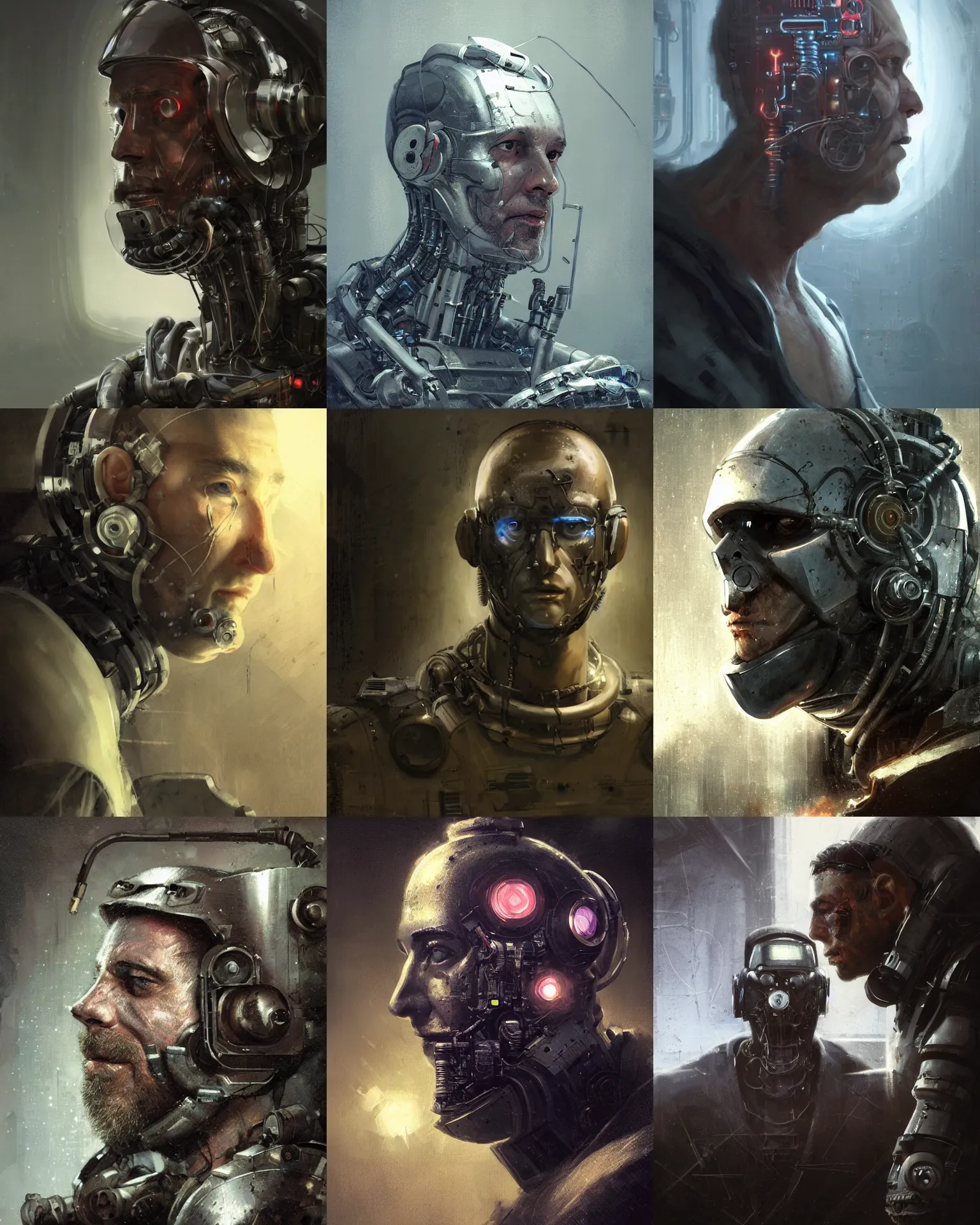 Prompt: a half - masked rugged laboratory engineer man with cybernetic enhancements as seen from a distance, scifi character portrait by greg rutkowski, esuthio, craig mullins, 1 / 4 headshot, small character, cinematic lighting, dystopian scifi gear, gloomy, profile picture, mechanical, cyborg, half robot, implants, dieselpunk