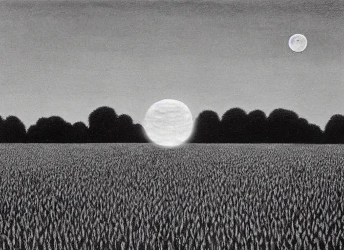 Image similar to Flying saucer landing in corn field with two moons in the sky, albumen silver print by Timothy H. O'Sullivan Ralph Mcquarrie