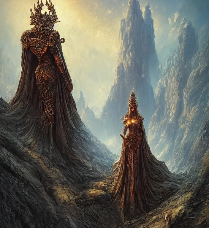 Image similar to a majestic matte painting, unreal engine render, centered Intricate portrait of a goddess, tarot card, dark souls colour scheme, luminal, smooth, high detailed, kerem beyit, Karol Bak, Chris Cold, james gurney, dan mumford, featured on artstation, instagram HD, unreal engine