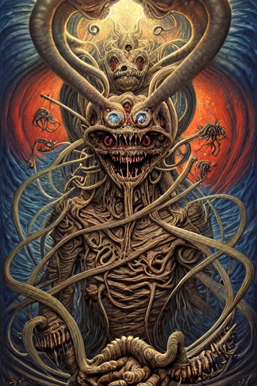 Image similar to A beautiful detailed grotesque monster super cute tarot card, by tomasz alen kopera and Justin Gerard, symmetrical features, ominous, magical realism, texture, intricate, ornate, royally decorated, mechanic, skeleton, whirling smoke, embers, red adornements, blue torn fabric, radiant colors, fantasy, trending on artstation, volumetric lighting, micro details, 3d sculpture, ray tracing, 8k, anaglyph effect, digital art