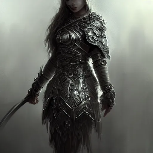 Prompt: beautiful extremely detailed intricate concept art depicting a warrior by wlop. shining jewelry. grey atmosphere. particles in the background. bcy. net