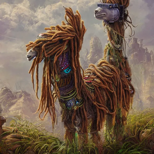 Image similar to llama with dreadlocks, industrial scifi, by mandy jurgens, ernst haeckel, anton fadeev, james jean