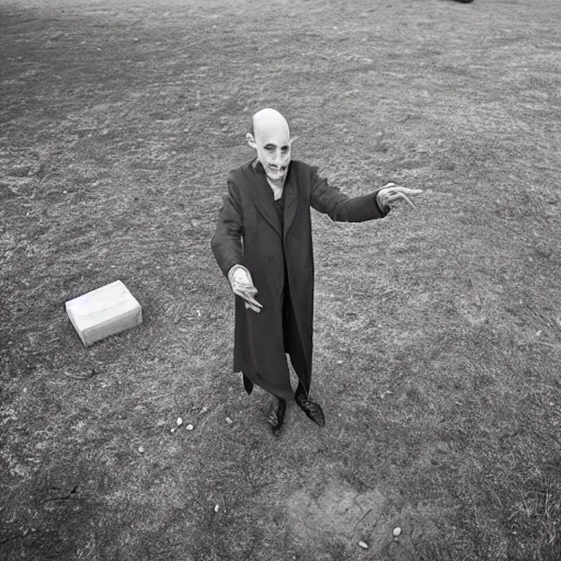 Prompt: portrait of nosferatu is playing petanque, realistic photography