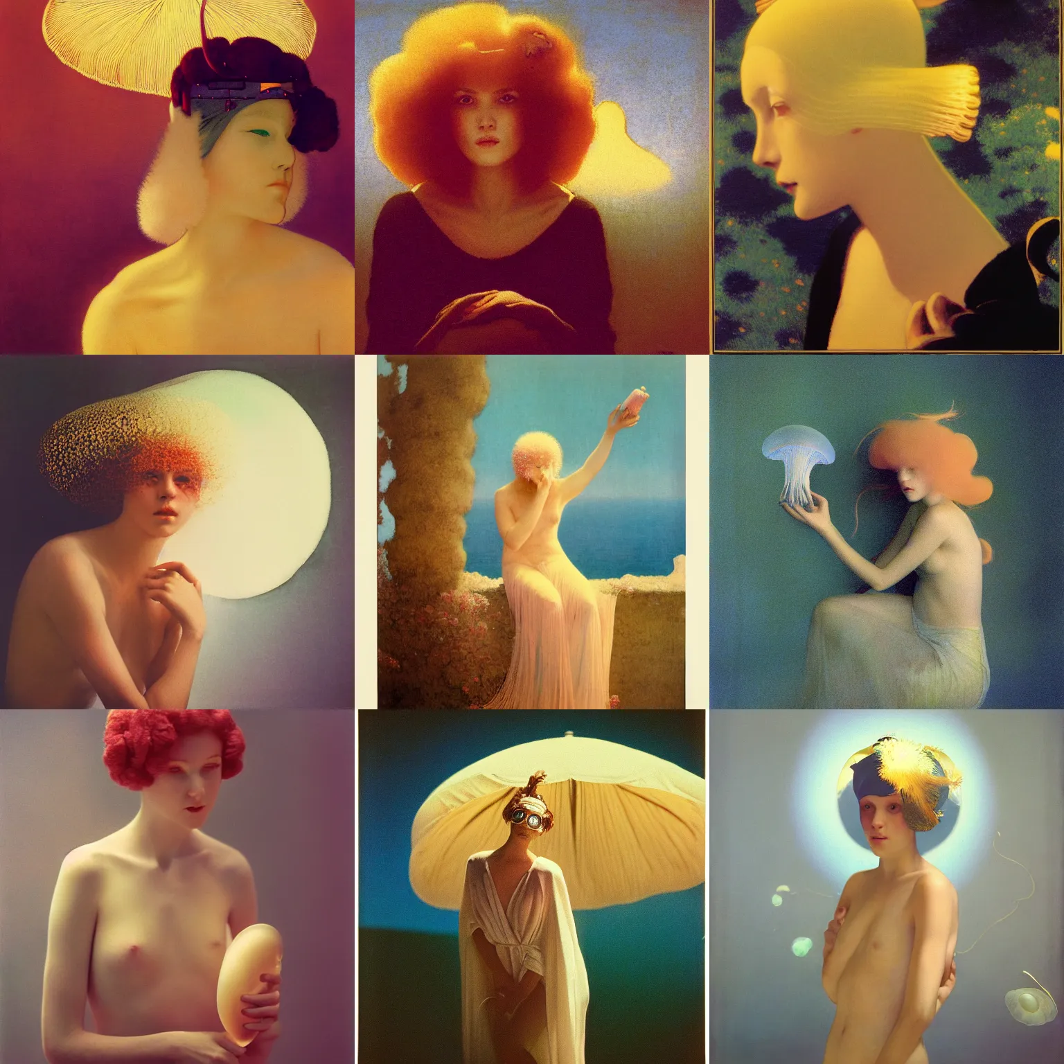 Prompt: kodak portra, 8 k, soft light, clean lines, fine art portrait photography, woman with jellyfish covering head fashion photography, maxfield parrish, moebius, james jean, yoji shinkawa, odilon redon, gaston bussiere, eugene grasset, janis rozentals