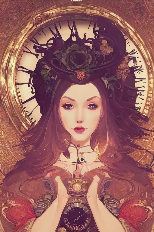 Image similar to portrait of the lady of time, clocks, intricate design, sharp features, detailed background, ambient lighting, 4 k, lois van baarle, ilya kuvshinov, rossdraws, alphonse mucha, jung gi kim, artstation