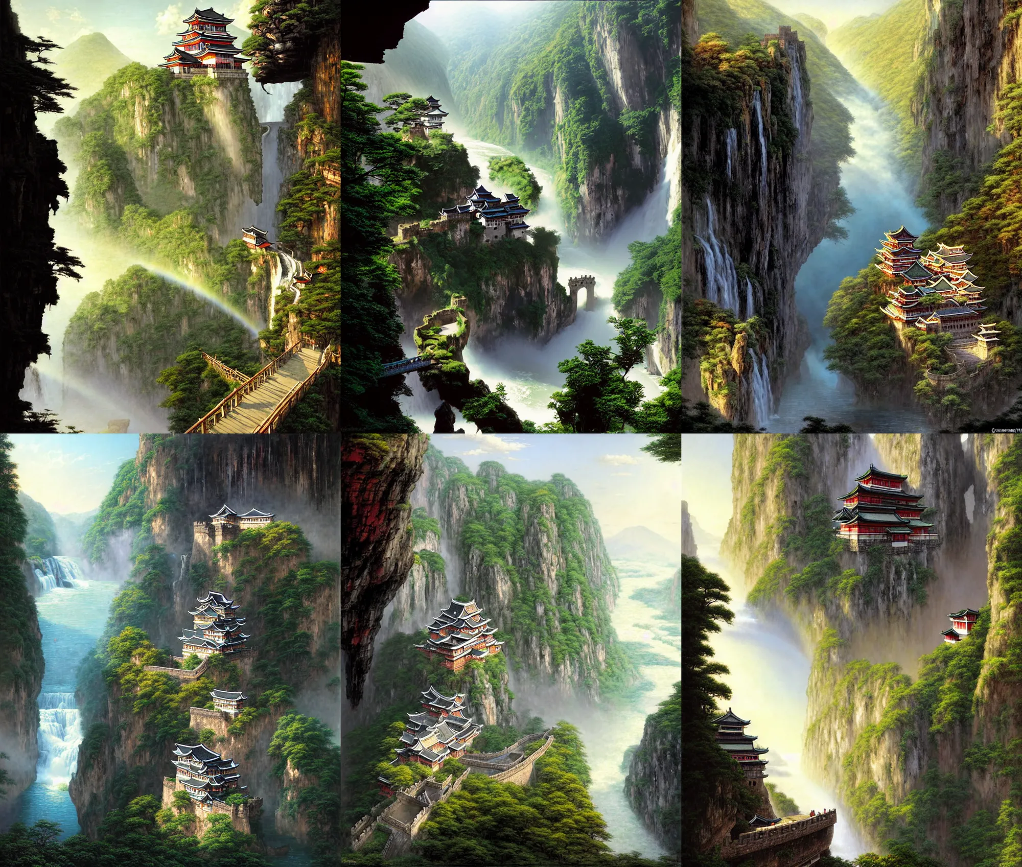 Prompt: establishing wide shot inside han son doong with waterfalls on either side of the cliff walls, at the top of the cliff is a japanese castle, a cloister is built into the cliff walls, an old suspension bridge spans the walls, sunny morning light, sunbeam, saturated colors, detailed concept art by greg rutkowski and gerald brom and canaletto and albert bierstadt