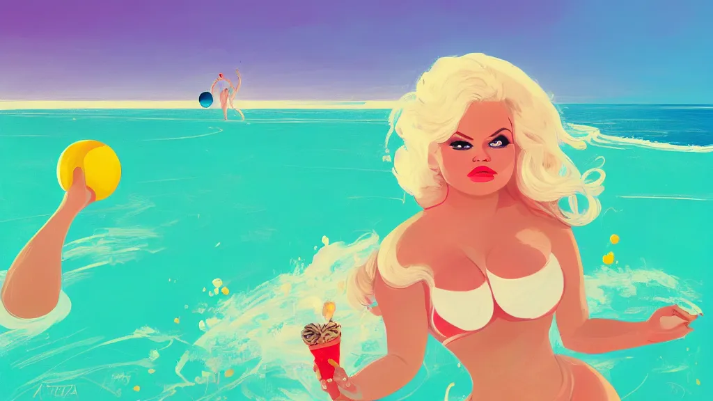 Prompt: portrait of trisha paytas, elegant, intricant, beach, volleyball, and icecream, by anton fadeev