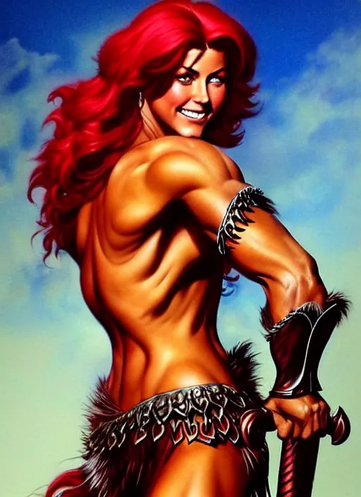 Image similar to a stunning medium shot portrait of julianne hough as a red sonja, digital art by frank frazetta and boris vallejo and julie bell and moebius, highly detailed, trending on artstation, hq