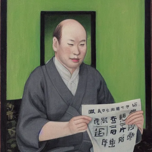 Image similar to painting of a japanese balding man with gray hair, holding a newspaper and looking up at his room with green hue