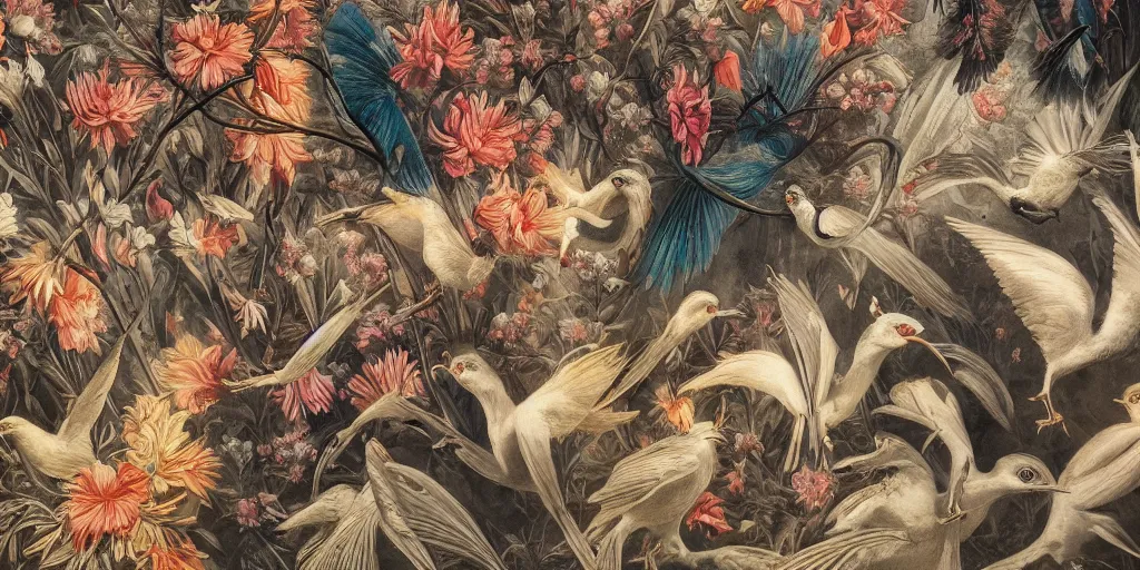 Image similar to breathtaking detailed concept art painting art deco pattern of birds amalmation blend of flowers and birds, by john james audubon, bizarre compositions, exquisite detail, extremely moody lighting, 8 k