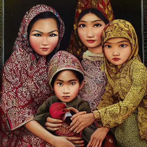 Prompt: an indonesian family portrait, hyperdetailed intricate, facial expressions, eyes, nose, lips, fingers, hand, high resolution, 4 k hd, illustrated news agency, muted colors