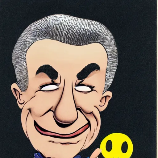 Image similar to cartoon caricature of scowling robert deniro holding a smiley face balloon by bill ward and hirschfeld