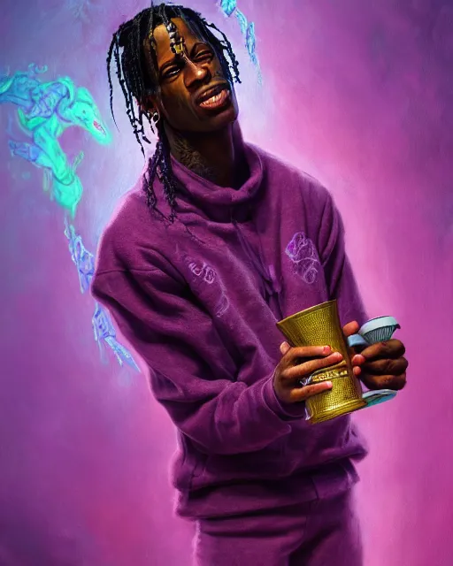 Prompt: travis scott holding cup of codeine, accurate details, detailed face, purple liquid in cup glowing, fantasy, dramatic, intricate, elegant, highly detailed, digital painting, artstation, concept art, smooth, sharp focus, illustration, art by Gustave Dore, octane render