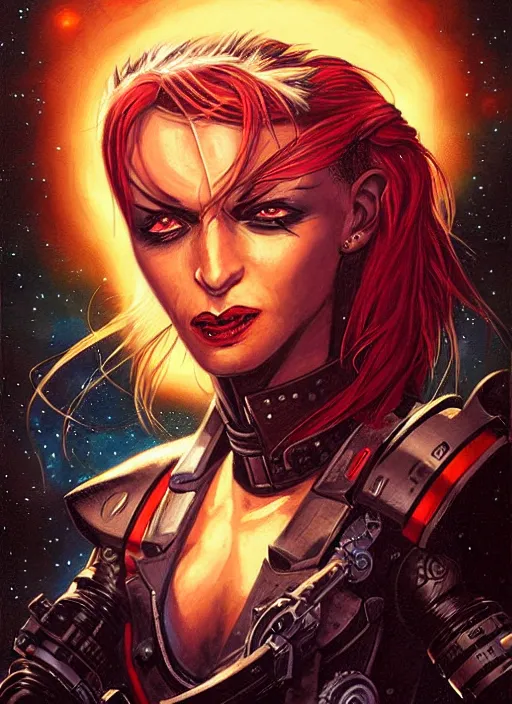 Image similar to portrait of female space pirate, night sky background, beautiful! coherent! by brom, deep color, strong line, high contrast