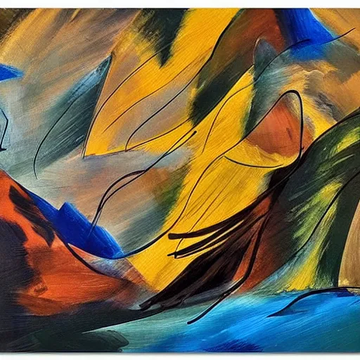Prompt: she joyfully danced by the river as the mountains inspired every move, abstract art in the style of Georges Braque ,