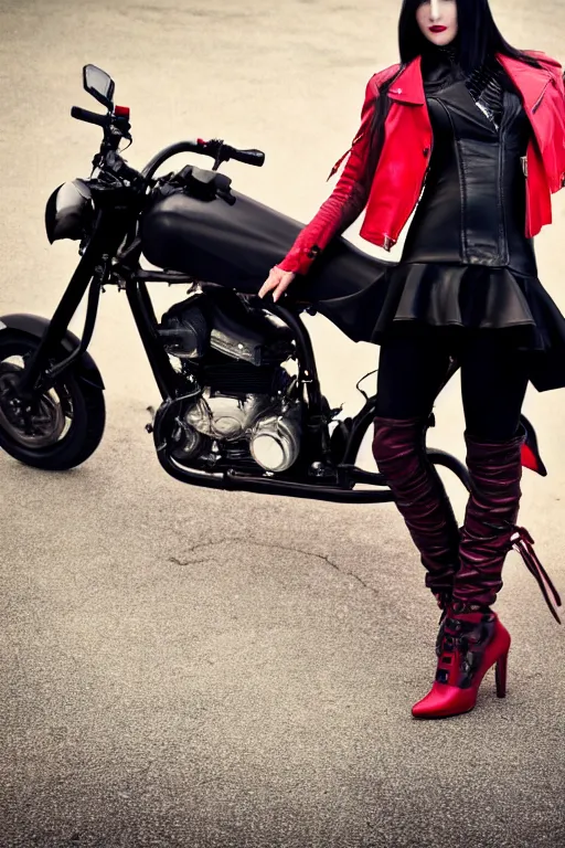 Prompt: full - length photo, young woman, riding a motorcycle, gothic clothes, red high heels, leather jacket, 4 k, colourful