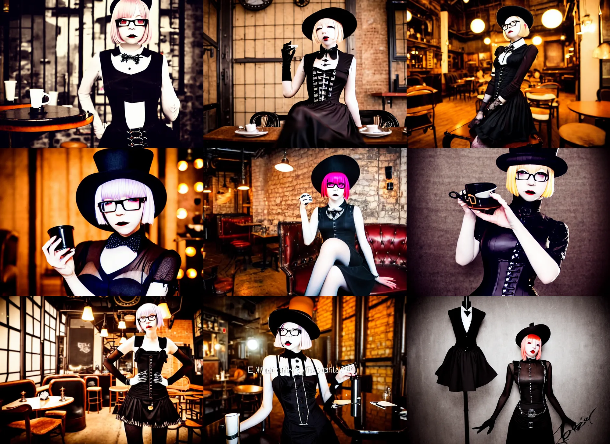 Prompt: full body portrait photo of reol wearing a elegant gothic dress, open top, wearing a tophat, and glasses. drinking coffee in a busy steampunk cafe interior, dynamic, cinematic, studio lighting, at night, ( ( photograph ) ), mood, realistic