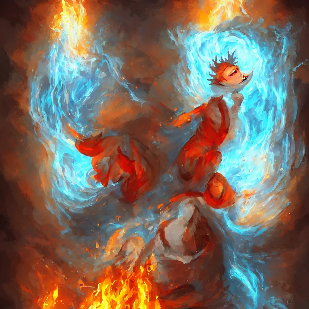 Image similar to a fire spirit chilling in a freezer, digital painting, illustration, high quality, fantasy