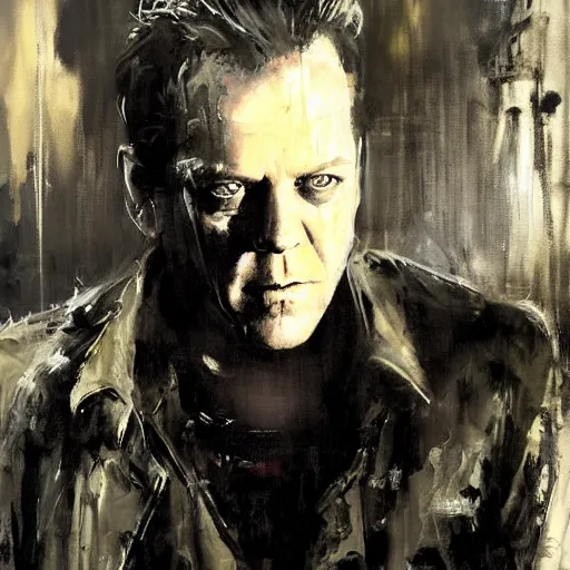 Image similar to kiefer sutherland in the lost boys painted by jeremy mann