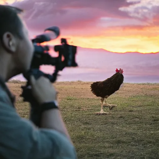 Prompt: a chicken eating a human, cinematic shot, sunset,