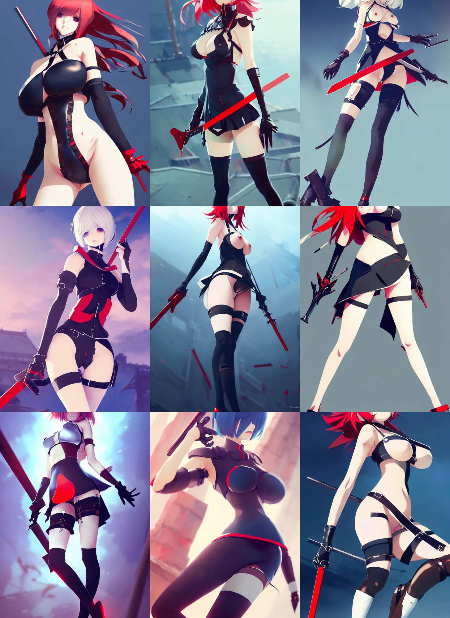 Prompt: attractive 2B from Nier Automata as Matoi Ryuko , hourglass slim figure , juicy , full body shot close up , view from above , blue and red hair , seductive smile , details, sharp focus , Kill la Kill illustration , by Jordan Grimmer and greg rutkowski , Trending artstation , pixiv , Trigger anime artstyle , digital Art