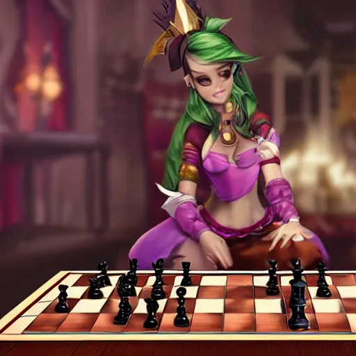 Image similar to Jinx (from Arcane) sitting by a table playing chess