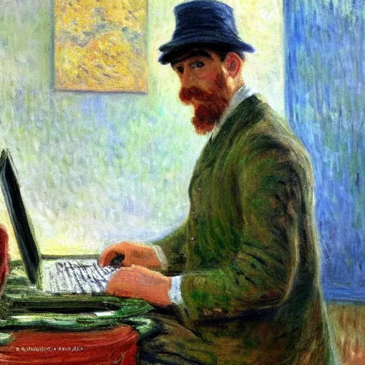 Prompt: monet painting of a man playing warzone on a computer, a soccer ball falls on his head, highly detailed, realistic,