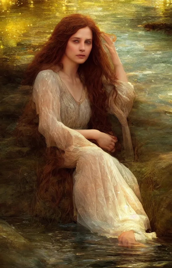 Image similar to beautiful lady of shalott laying in a river, sadness, longing, sharp focus, intricate, elegant, digital painting, artstation, matte, highly detailed, concept art, illustration, volumetric lighting, bokeh light, art by greg olsen and liz lemon swindle