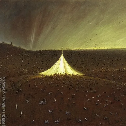 Image similar to painting of a hr giger tent in a landscape covered in moths, light beams night, casper david friedrich