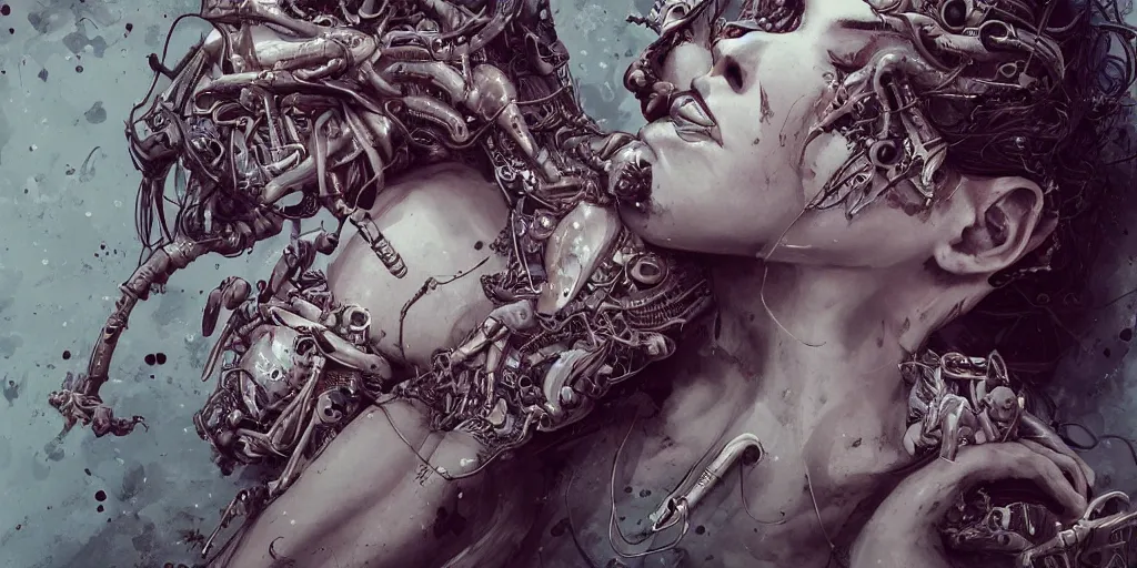 Prompt: hyperrealistic splatterpunk photography of a highly detailed and symmetrical gorgeous cyborg nymph asleep in the style of beth cavener, jin kagetsu, james jean and wlop, highly detailed, face symmetry, masterpiece, award - winning, sharp focus, intricate concept art, ambient lighting, 8 k, artstation