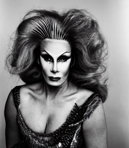 Image similar to a high quality, high detail, portrait of a drag queen by annie leibovitz, intense look in the eyes, moody, nostalgic