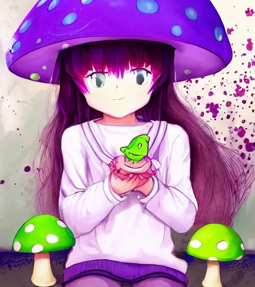 Image similar to a beautiful little girl wearing a mushroom hat sitting in her room petting a frog in her lap | | purple hair, pretty face, sharped details, in ryuuou no oshigoto art style, trending on pixiv