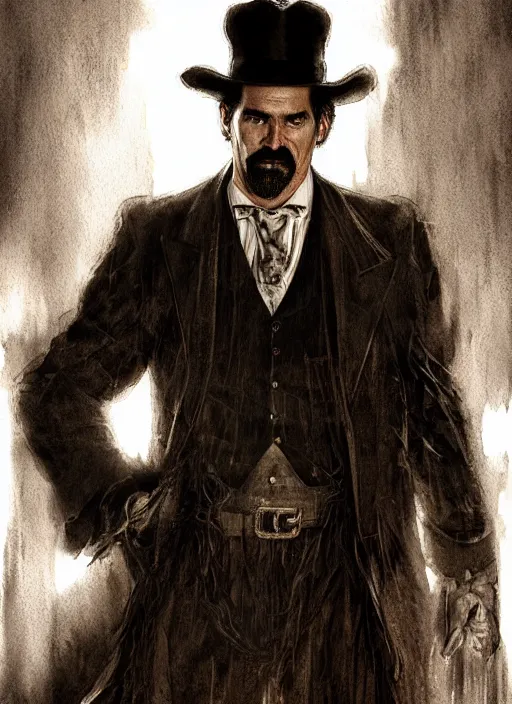 Image similar to portrait, Doc Holiday from Tombstone, watercolor, dramatic lighting, cinematic, establishing shot, extremely high detail, foto realistic, cinematic lighting, pen and ink, intricate line drawings, by Yoshitaka Amano, Ruan Jia, Kentaro Miura, Artgerm, post processed, concept art, artstation, matte painting, style by eddie mendoza, raphael lacoste, alex ross