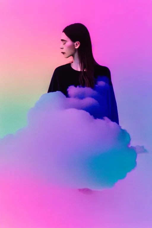 Image similar to high quality pastel coloured film photograph of a model wearing black clothing resting on cloud furniture clouds in a haze filled dreamstate world. three point light, rainbow. photographic production. art directed. pastel colours. volumetric clouds. pastel gradient overlay. waves glitch artefacts. 8 k. filmic.